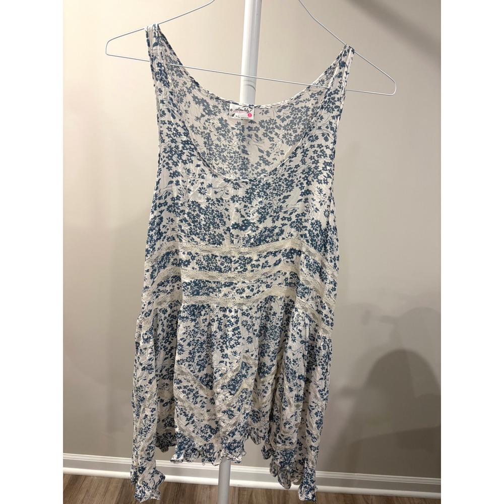 Free People Intimately Blue Floral Lace Trim Babydoll Tank Top Handkerchief Hem